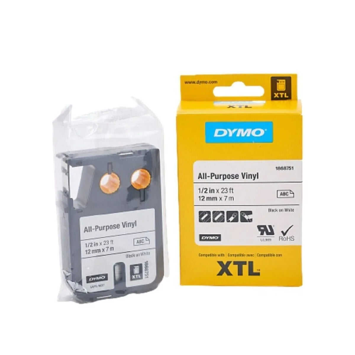 Cinta Dymo XTL en vinilo de 12 mm fondo blanco