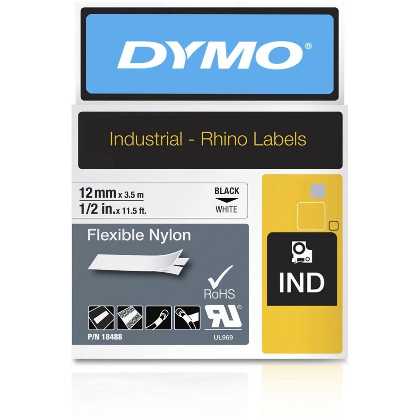 Cinta Dymo Rhino Nylon de 12 mm fondo blanco