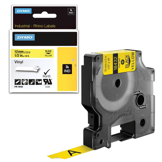 Cinta Dymo Rhino en vinilo de 12mm fondo amarillo