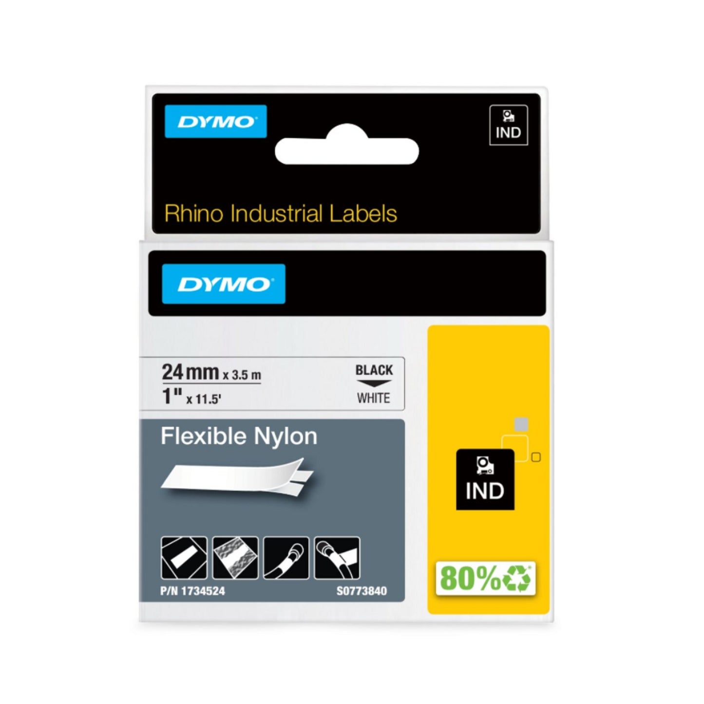 Cinta Dymo Rhino Nylon de 24 mm fondo blanco