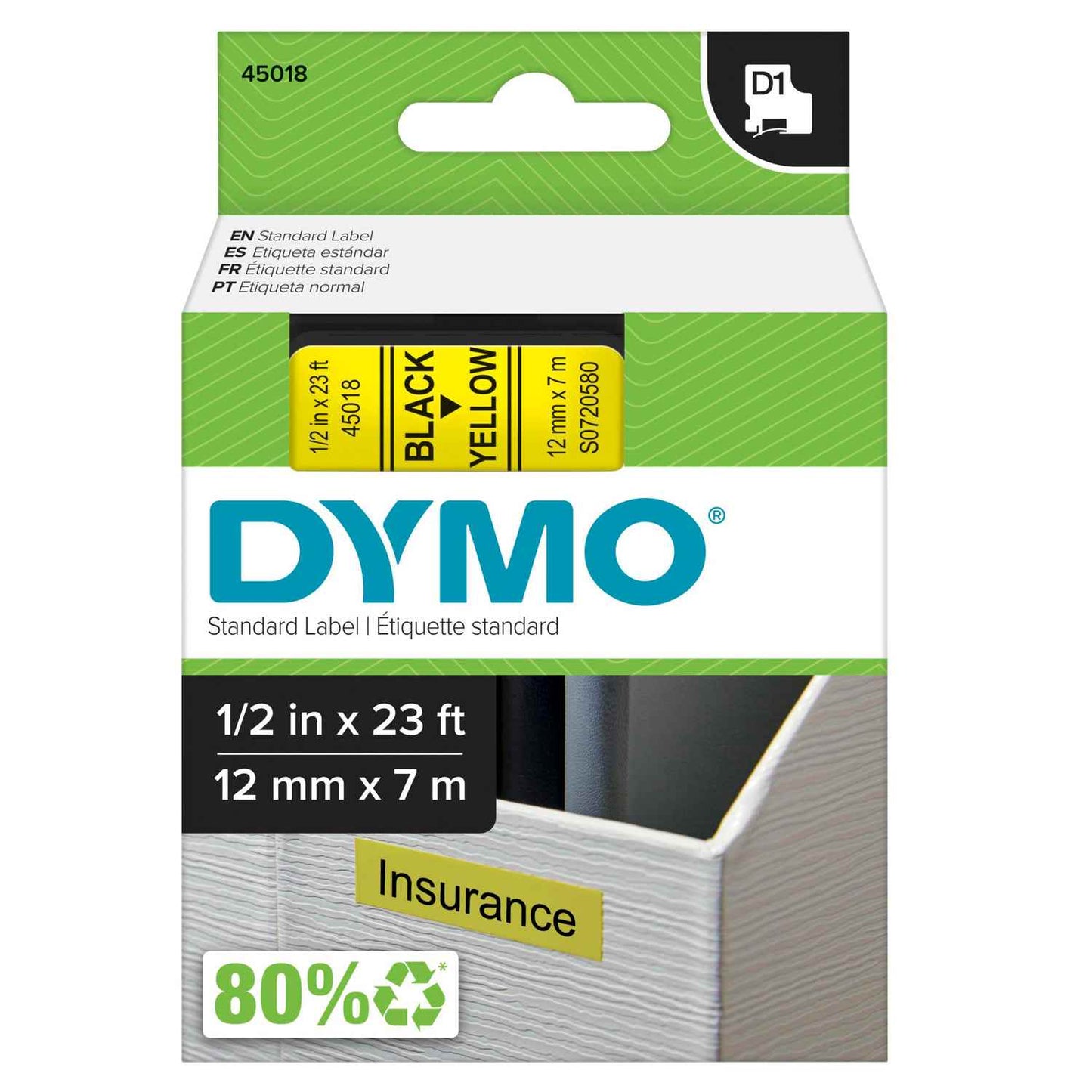 Cinta Dymo D1 en plástico 12 mm color amarillo