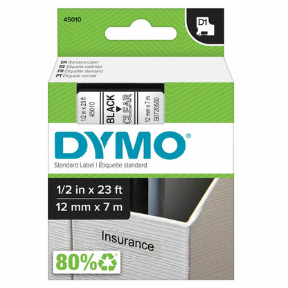 Cinta Dymo D1 en plástico de 12 mm color transparente