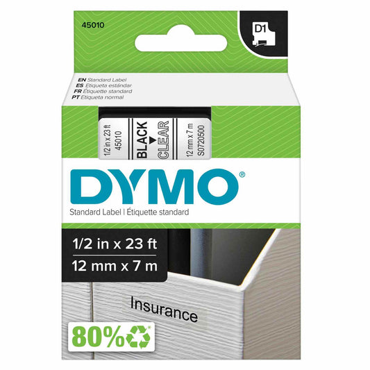 Cinta Dymo D1 en plástico de 12 mm color transparente
