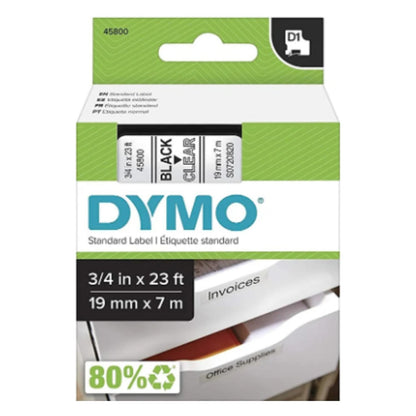 Cinta Dymo D1 en plástico de 19 mm color transparente