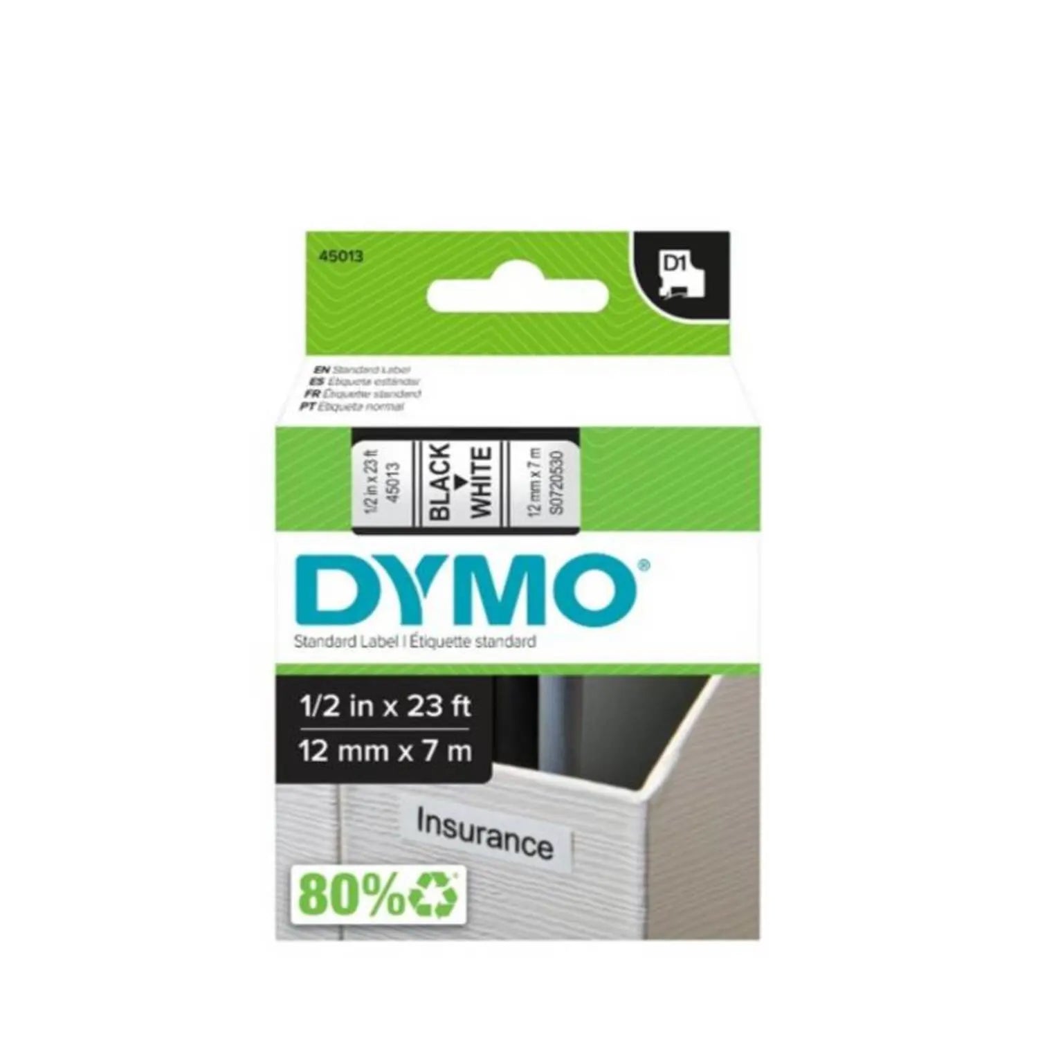 Cinta Dymo D1 en plástico de 12 mm color blanco