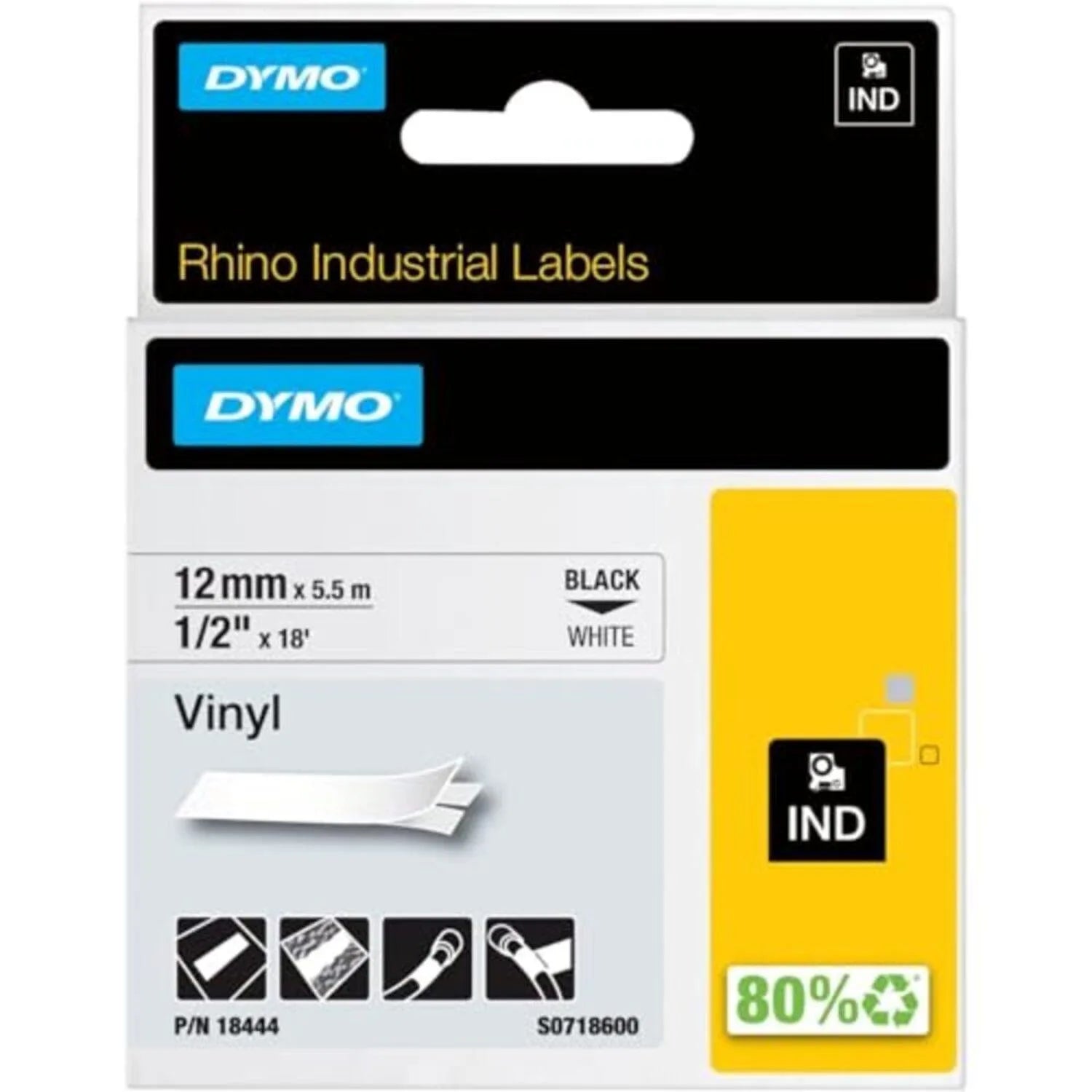 Cinta Dymo Rhino en vinilo de 12 mm fondo blanco
