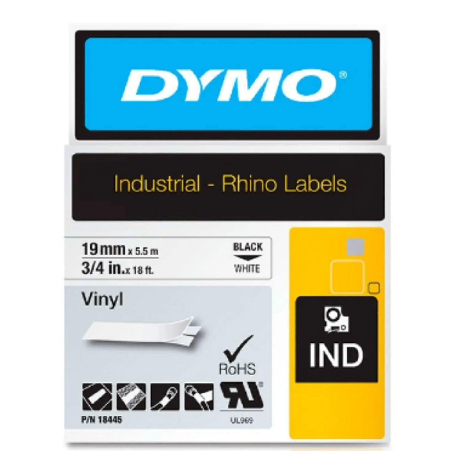 Cinta Dymo Rhino en vinilo de 19 mm fondo blanco 